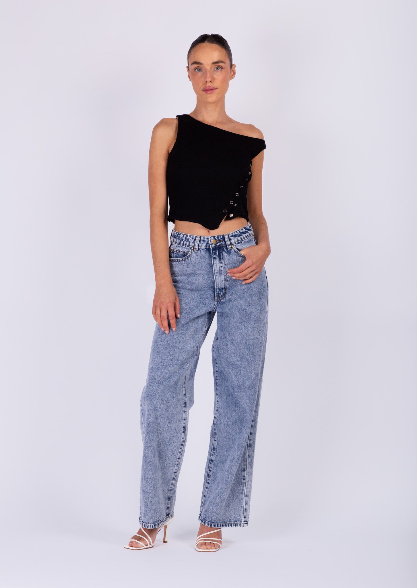Black Crop Snap Button Top