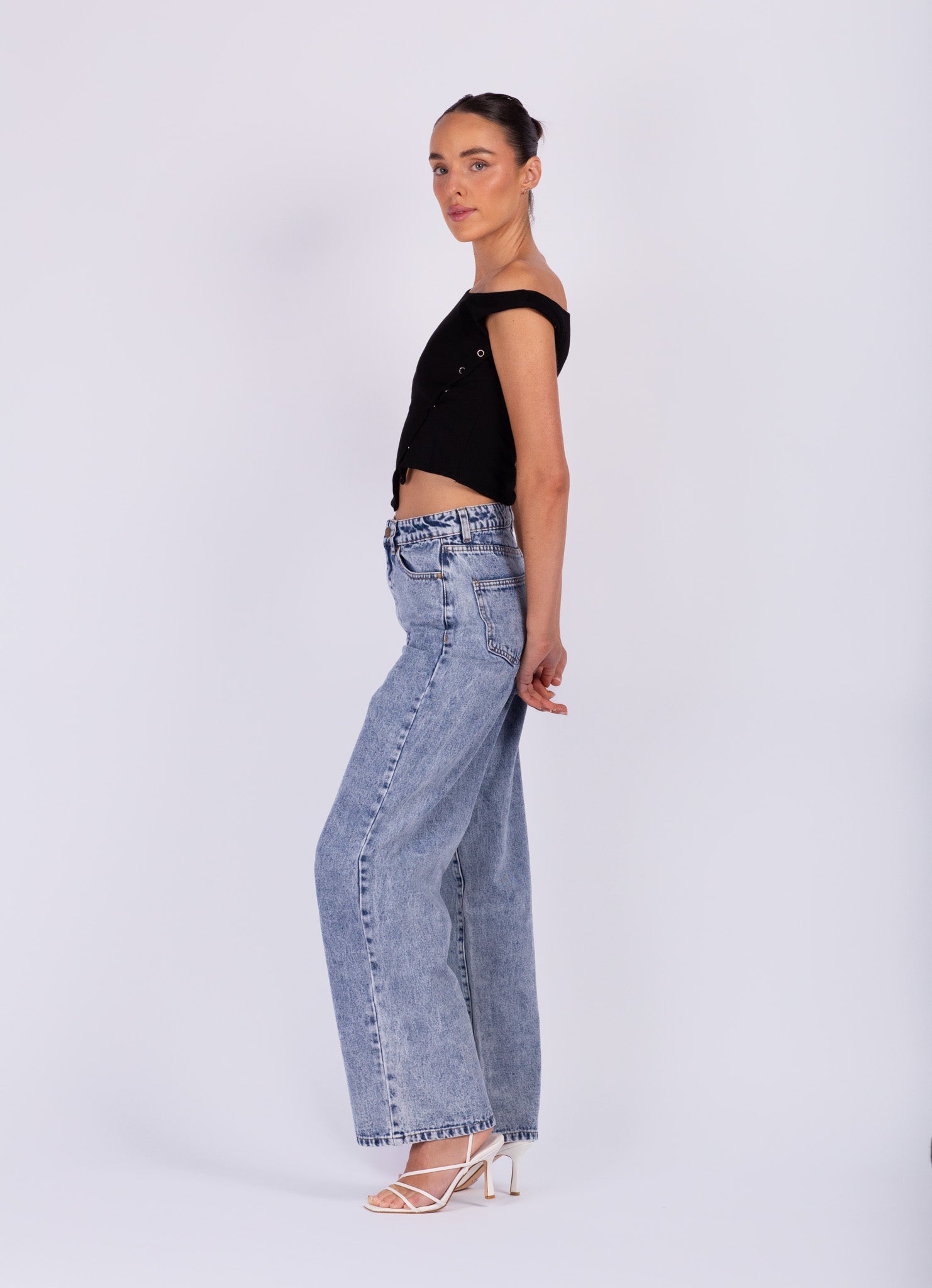 Black Crop Snap Button Top
