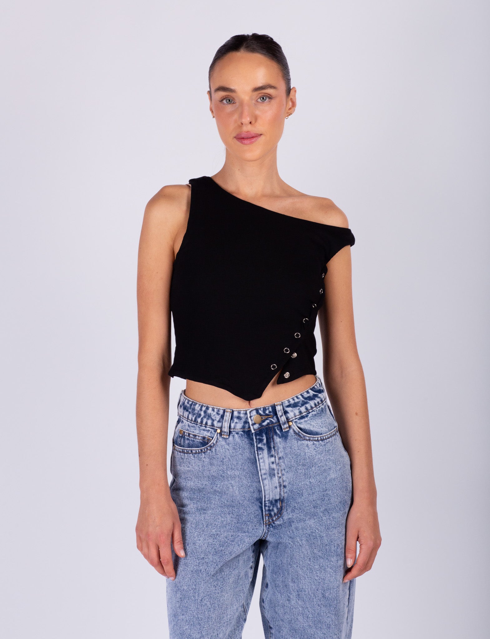 Black Crop Snap Button Top