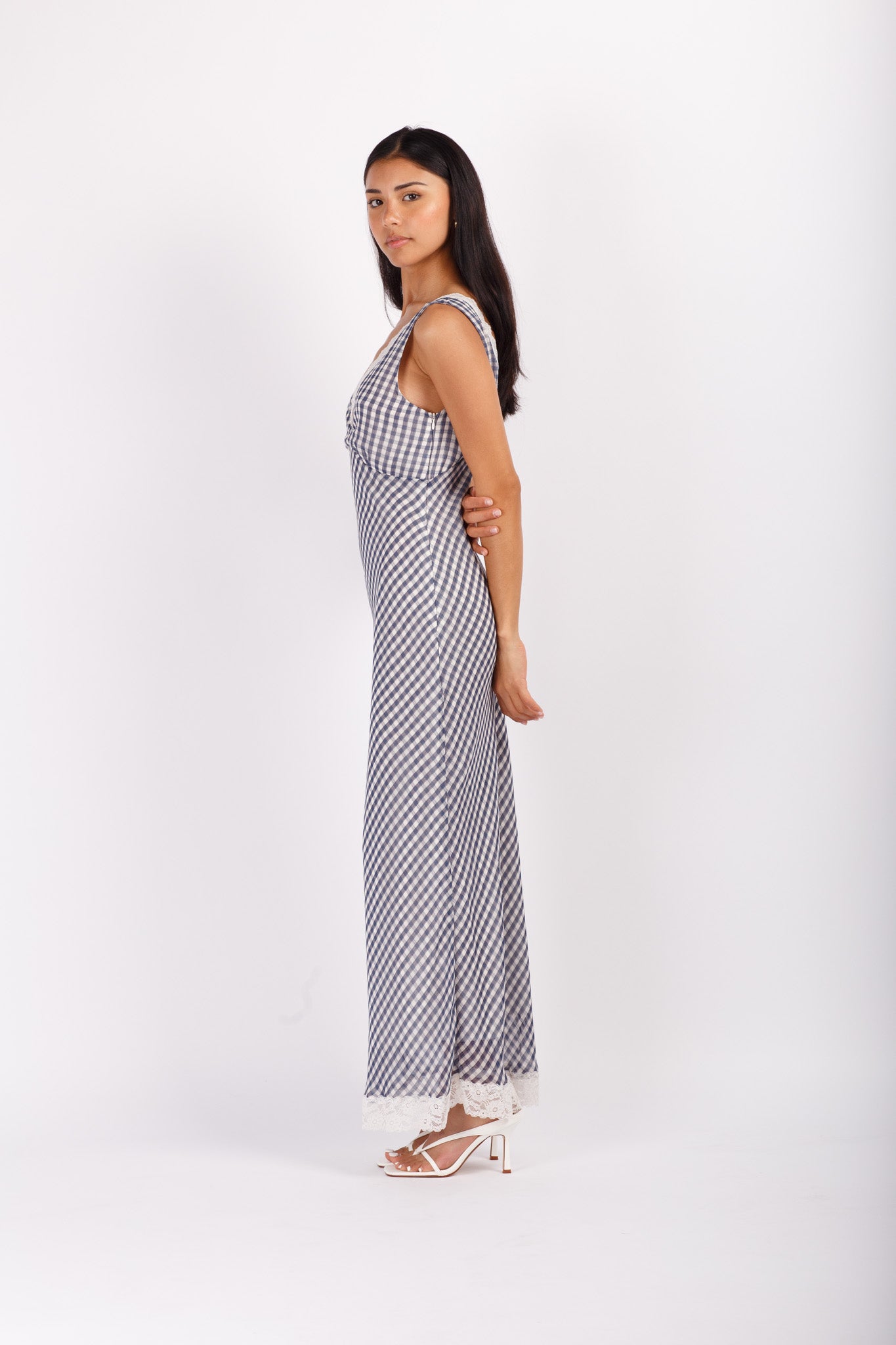 Gingham Lace Trim Maxi Dress