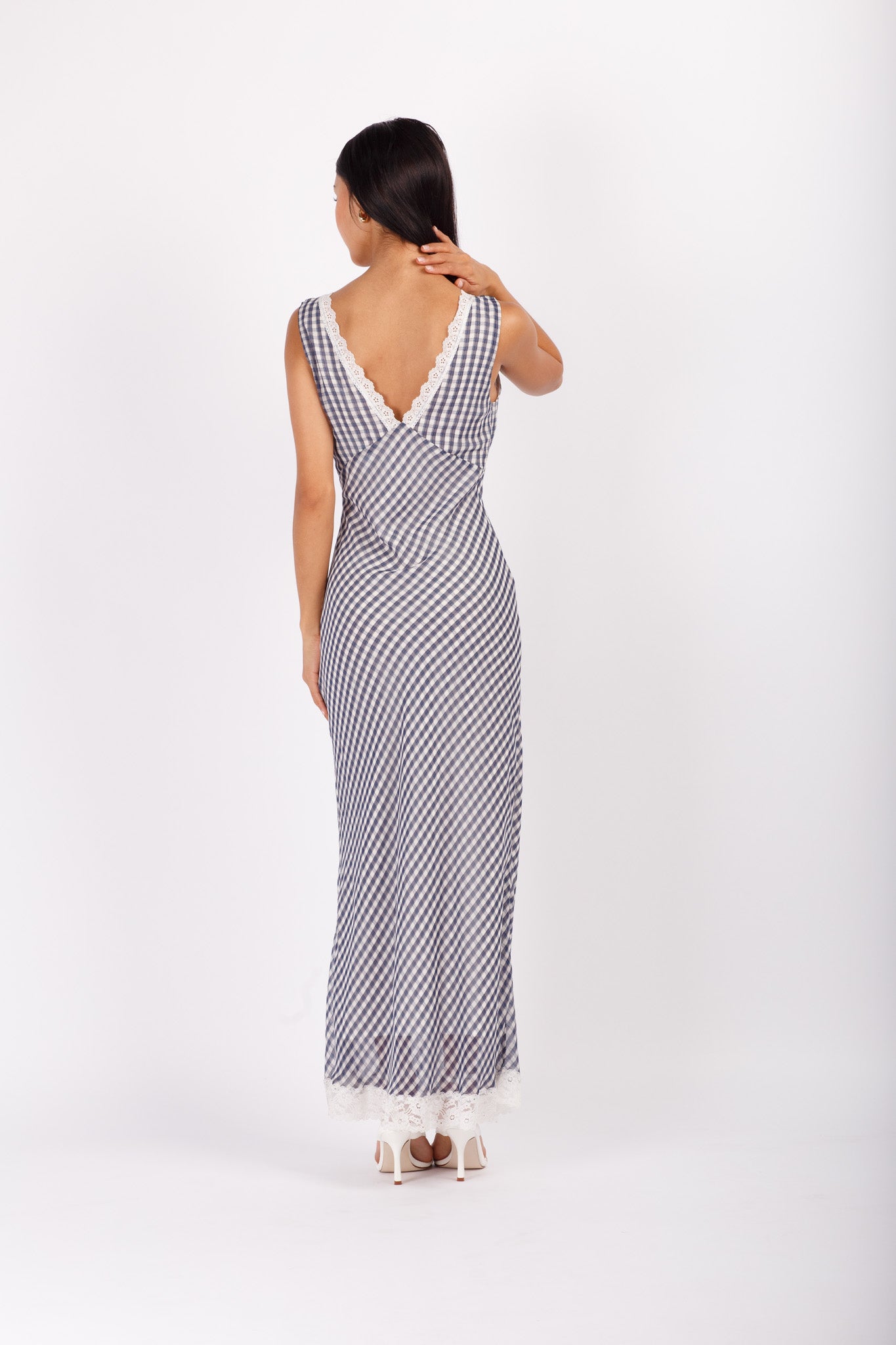 Gingham Lace Trim Maxi Dress