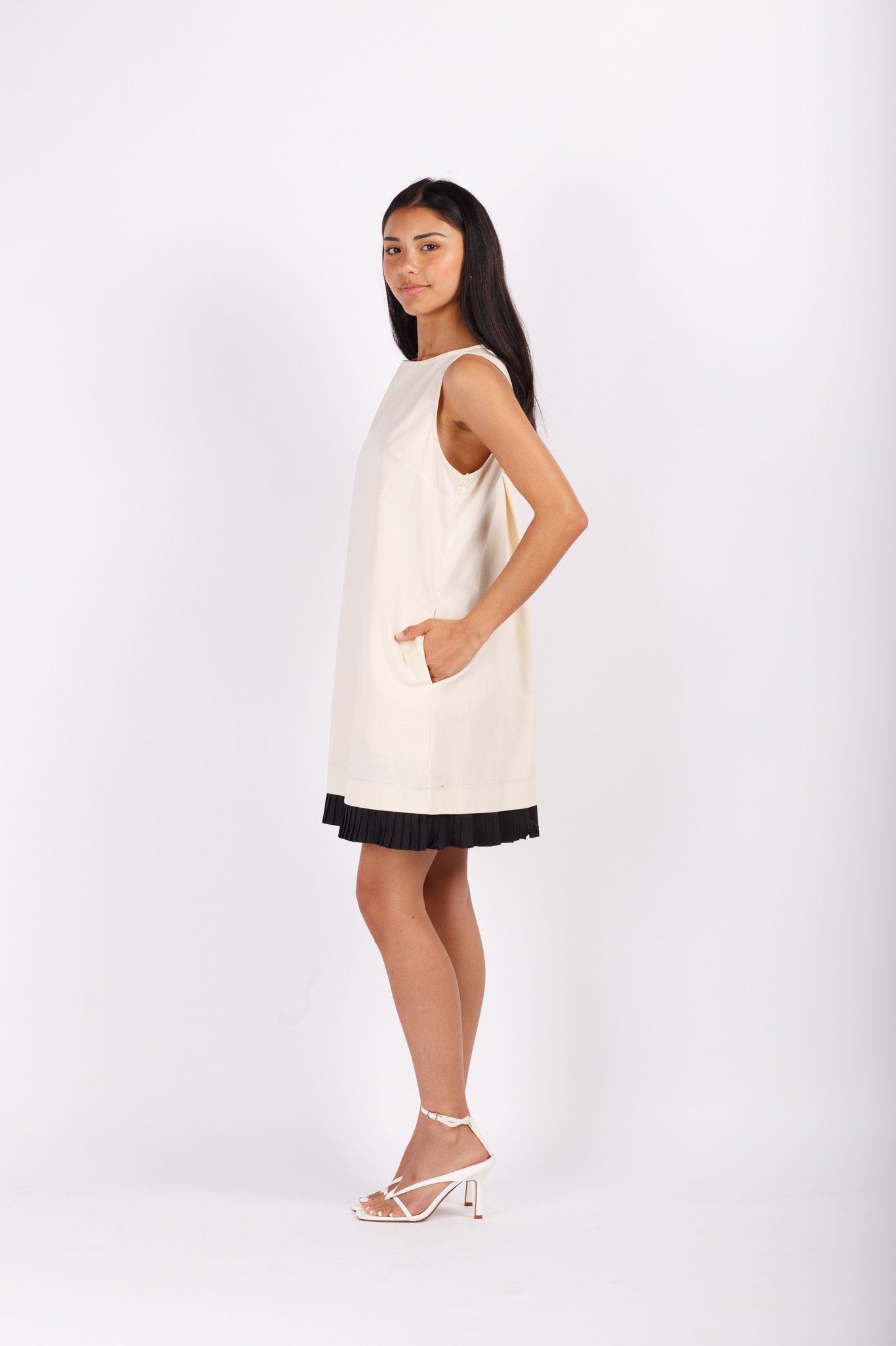 Linen Mini Dress with Pleat Trim