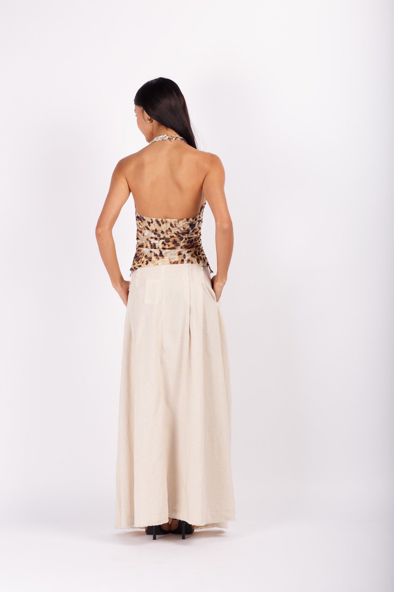 Beige Linen Fayed Trim Maxi Skirt