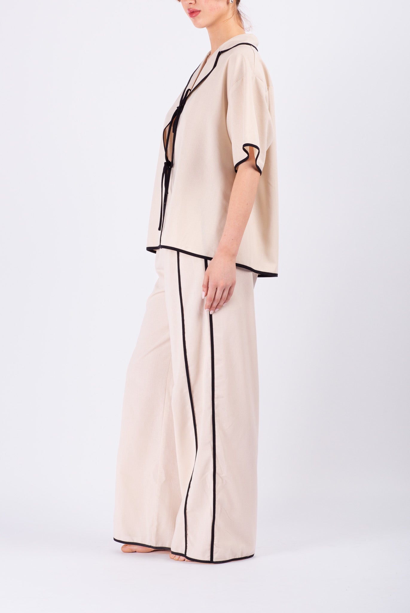 Beige Linen Set with Black Trim