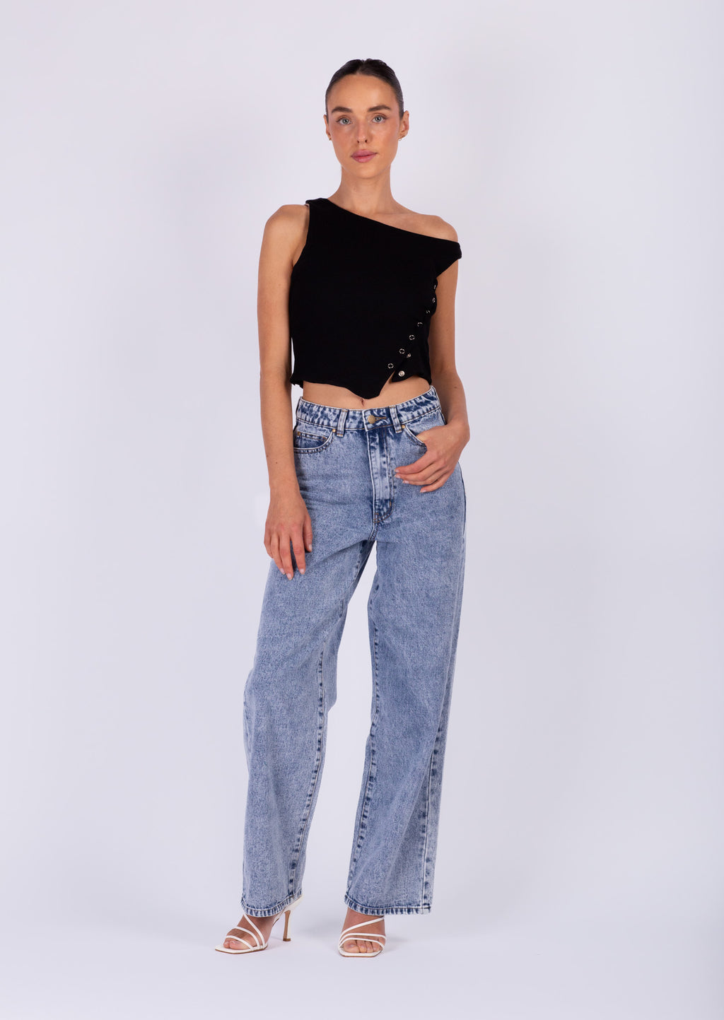 Black Crop Snap Button Top