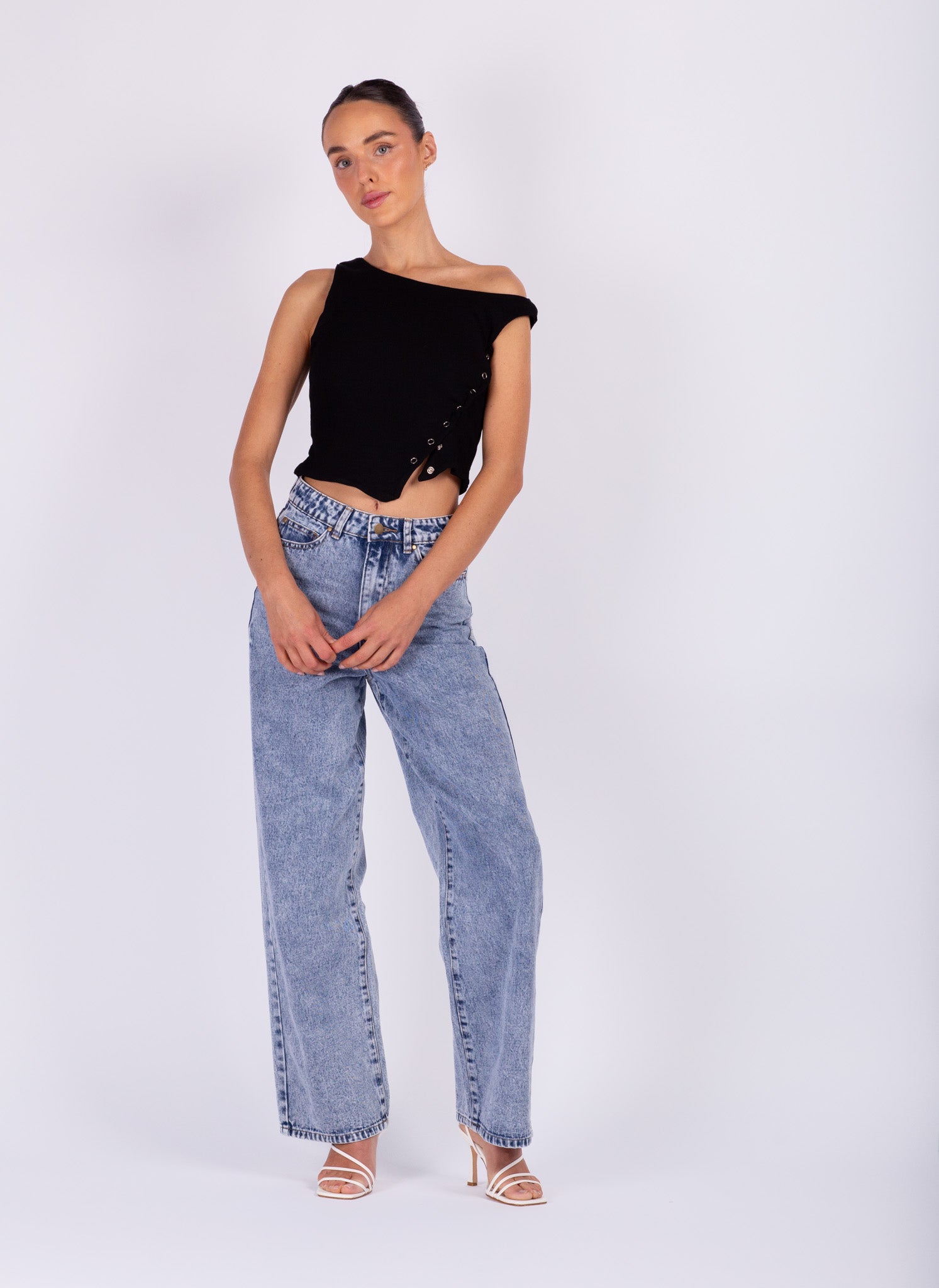 Black Crop Snap Button Top