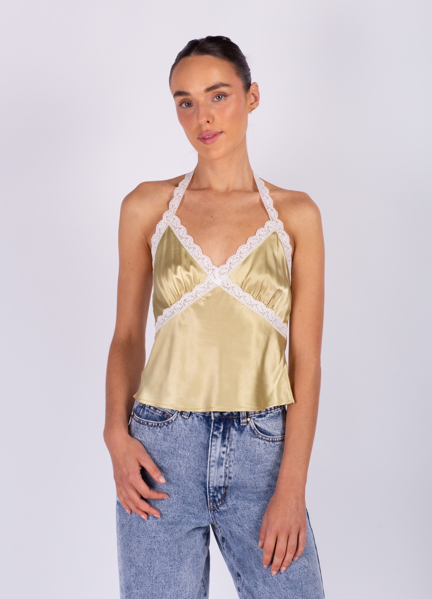 Green Halter with White Lace
