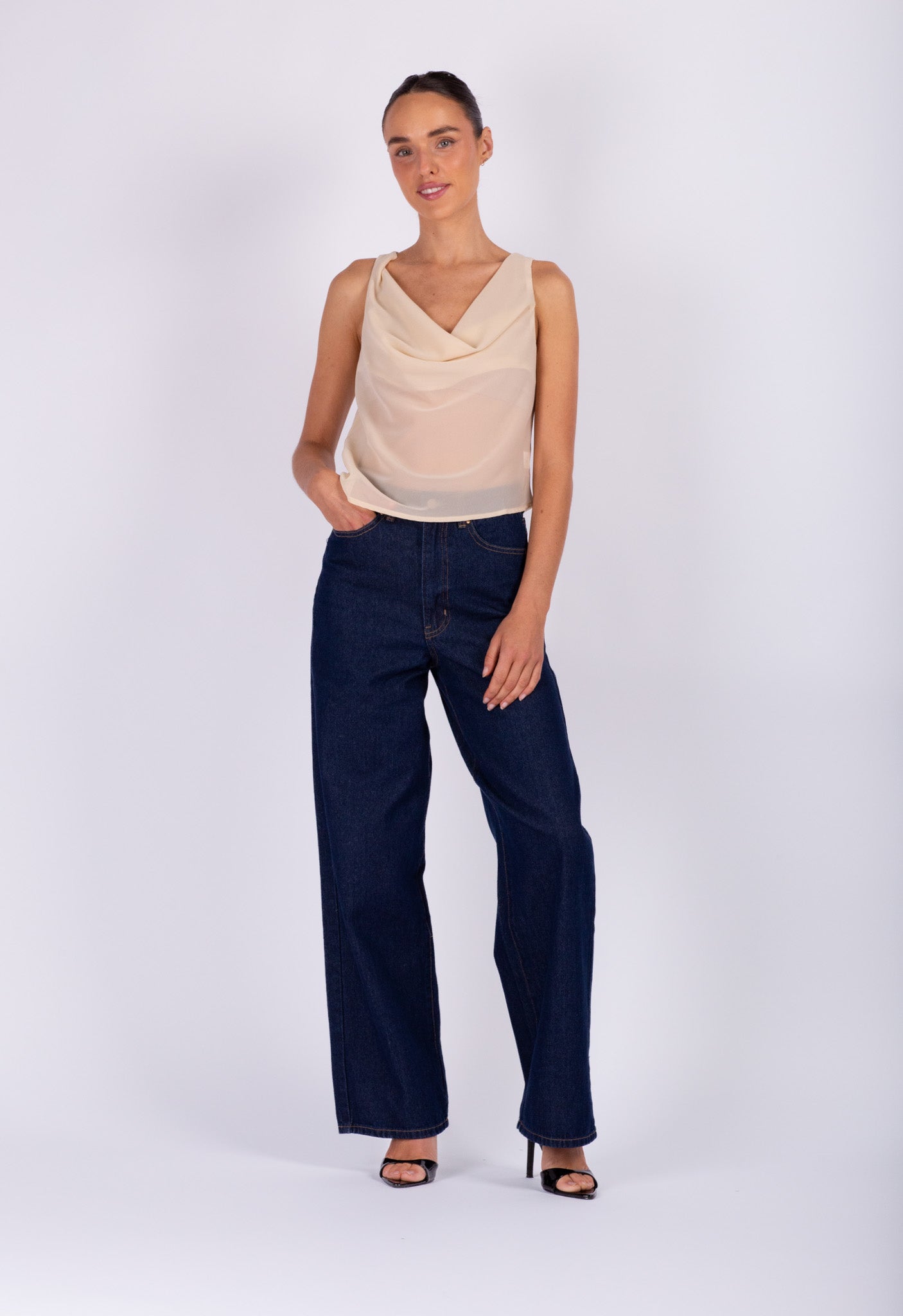 Beige Sheer Cowl-neck Top