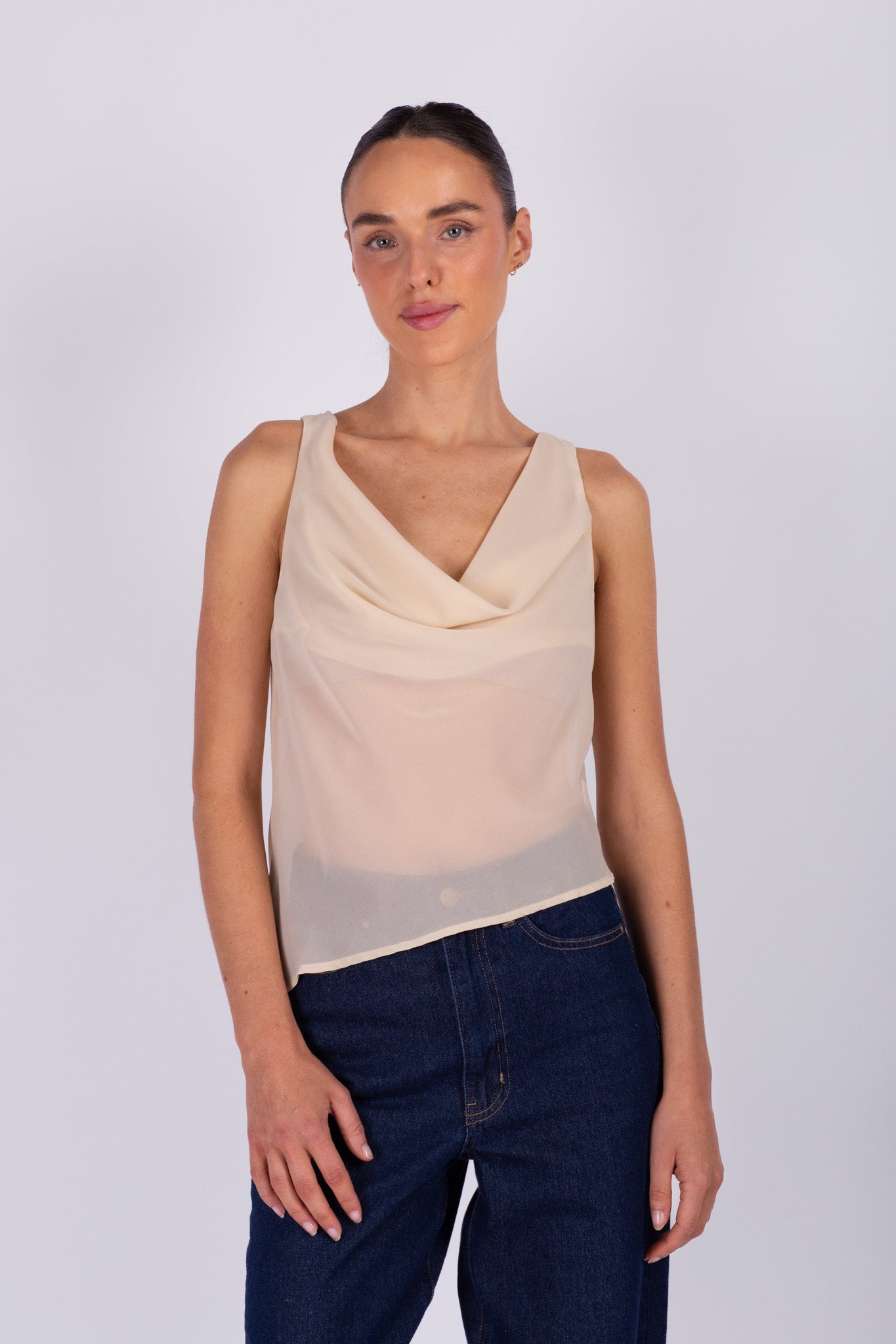 Beige Sheer Cowl-neck Top
