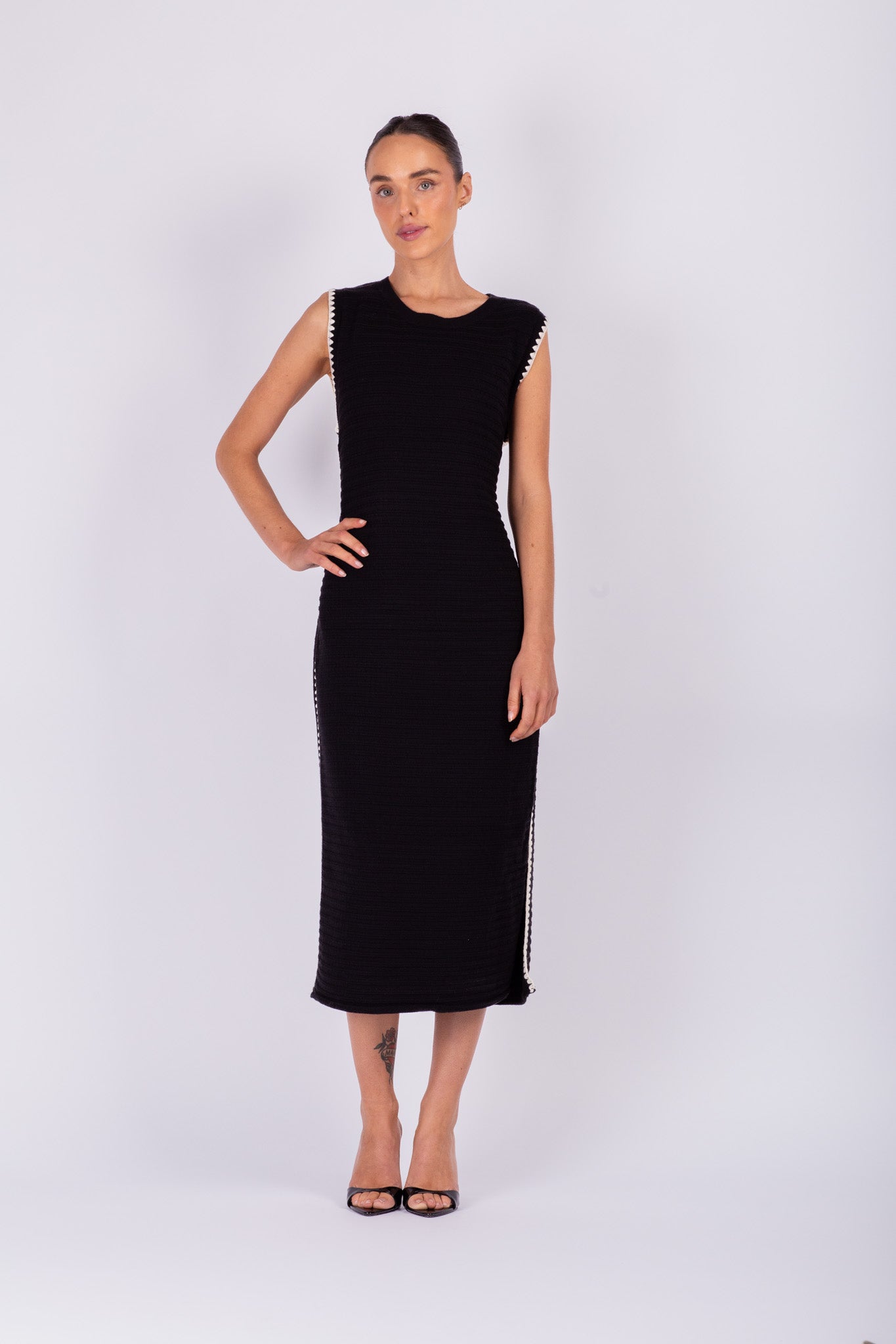 Black Knit Cream Contrast Dress