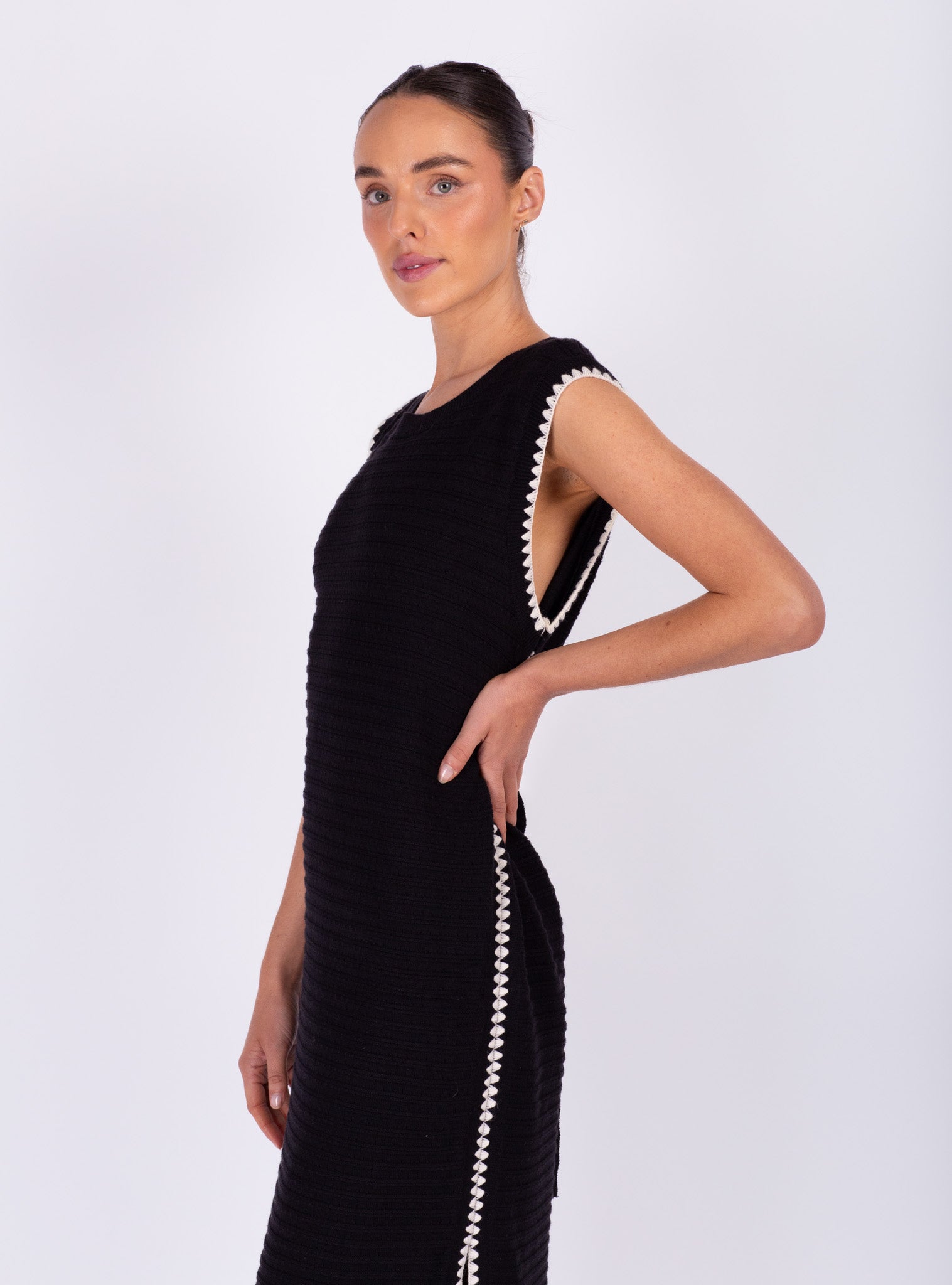 Black Knit Cream Contrast Dress
