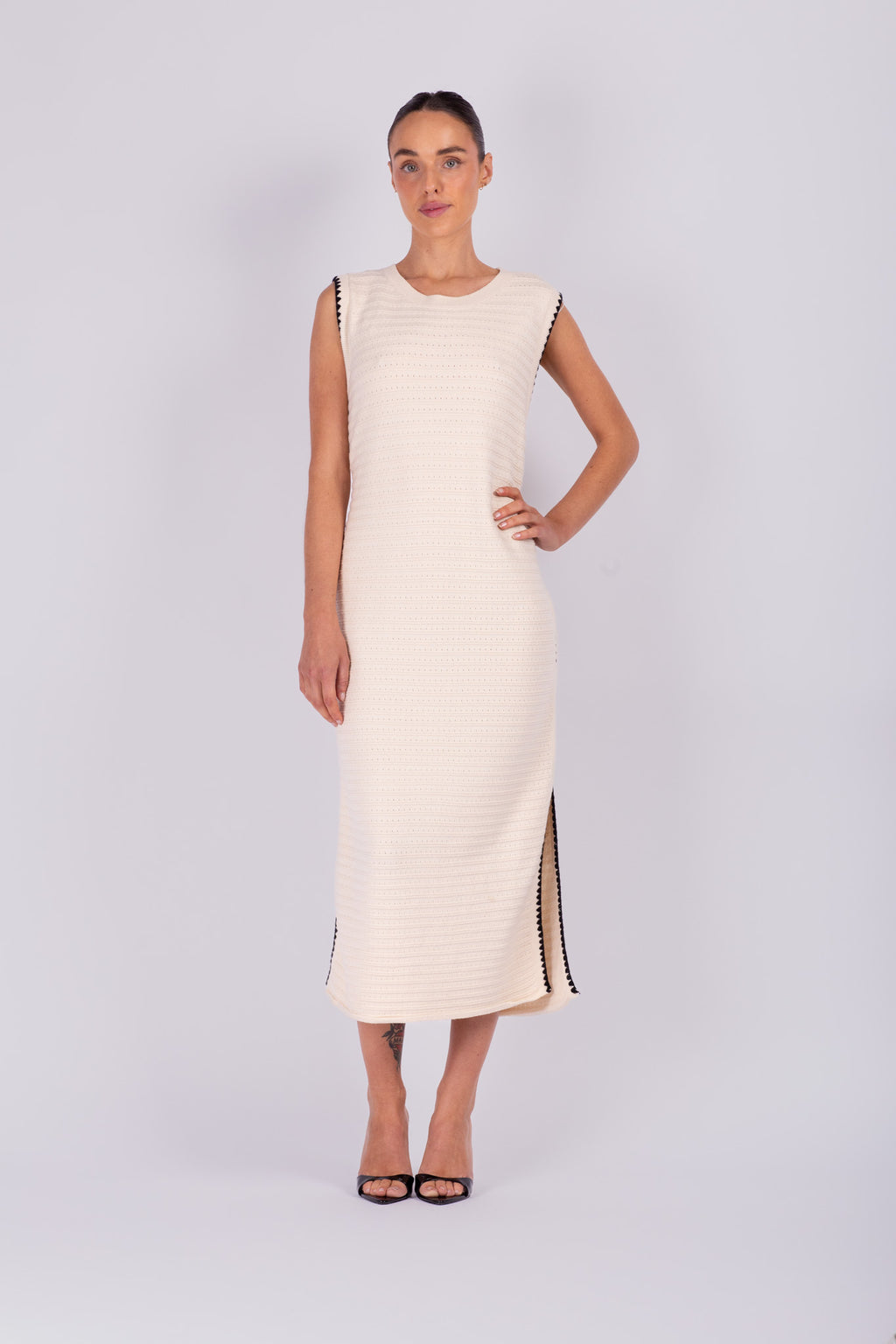 Cream Knit Black Contrast Dress