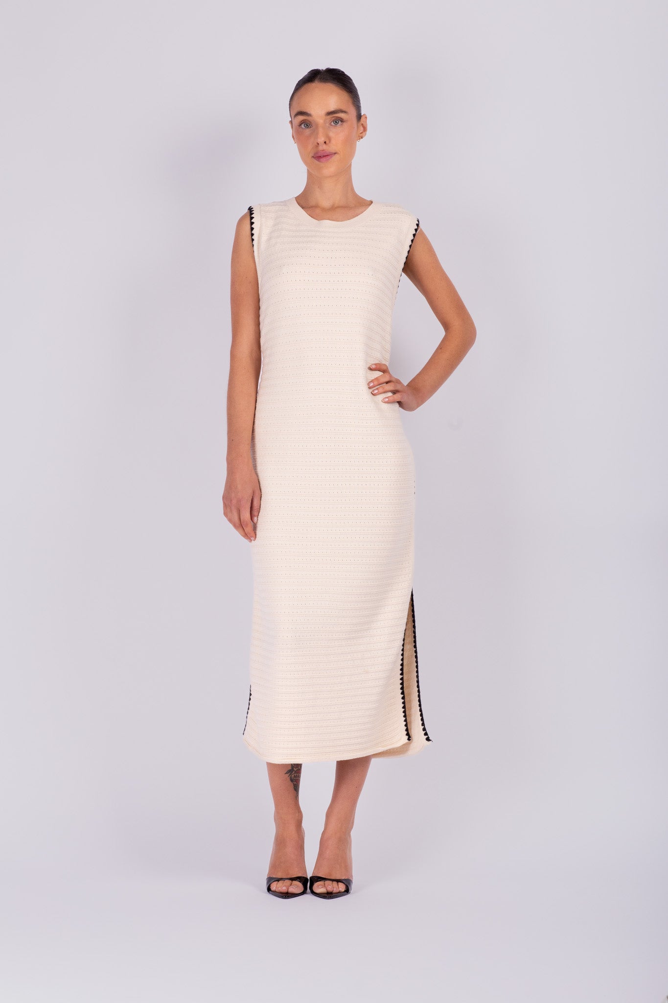 Cream Knit Black Contrast Dress