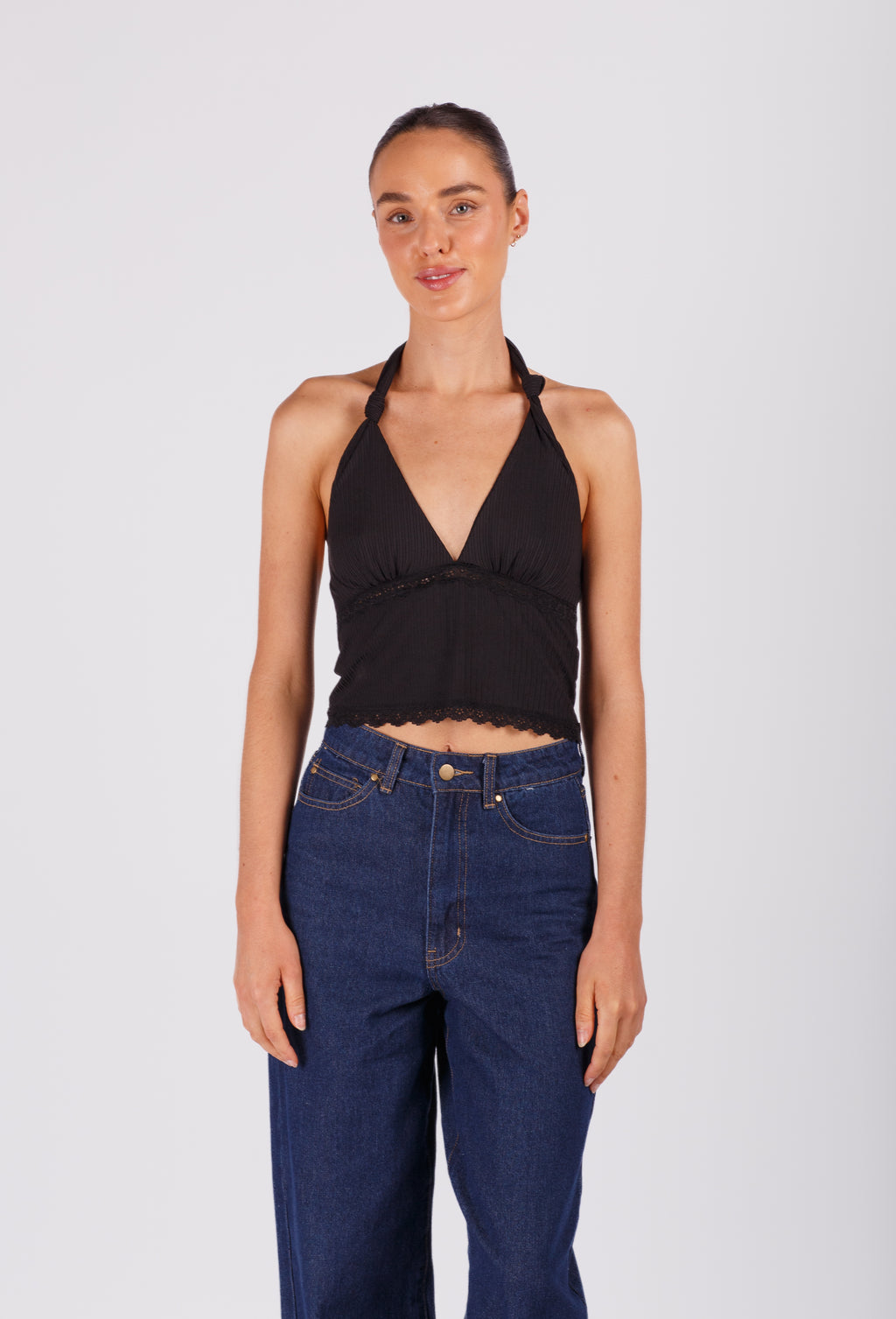 Black Halter Top with Lace Trim