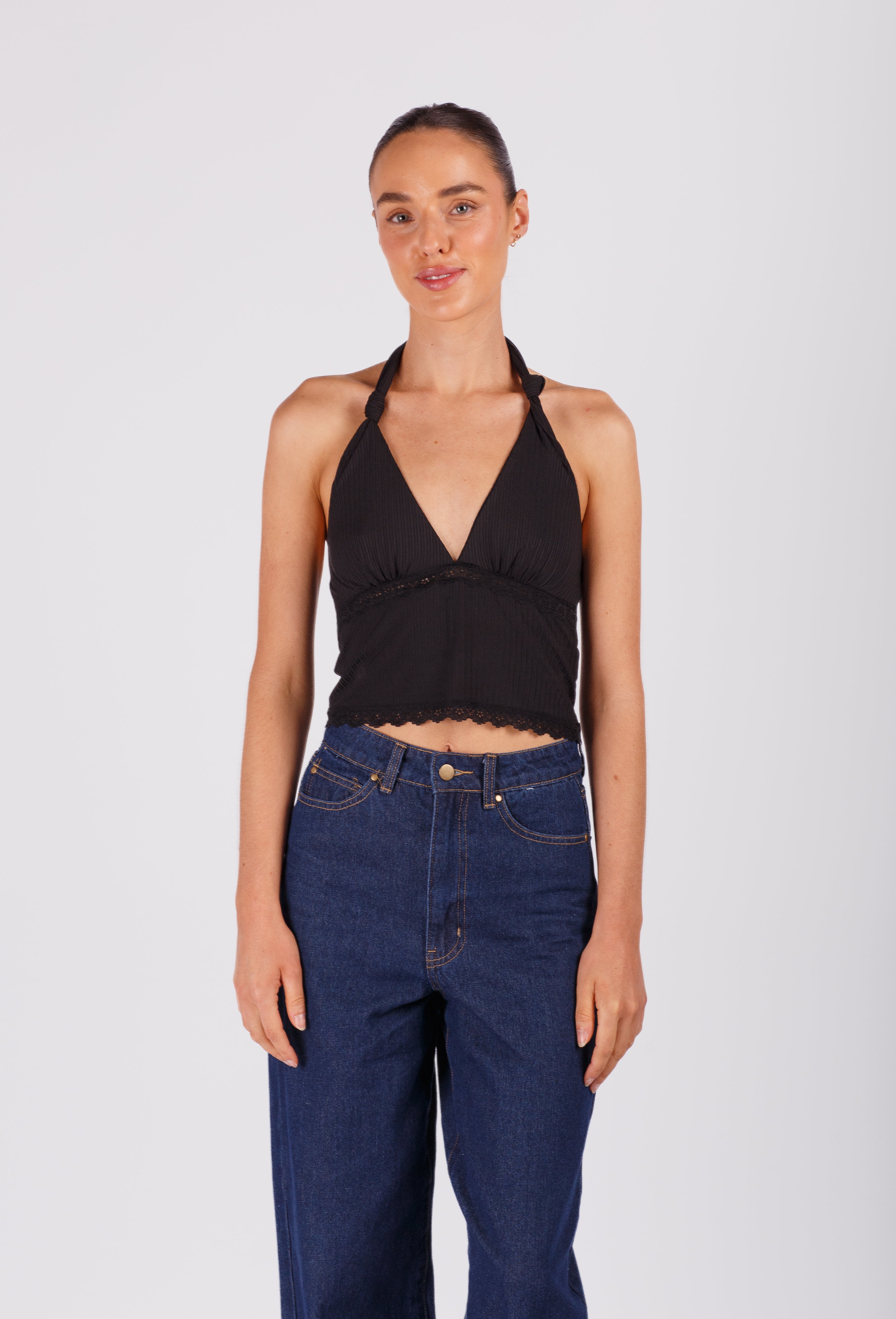 Black Halter Top with Lace Trim
