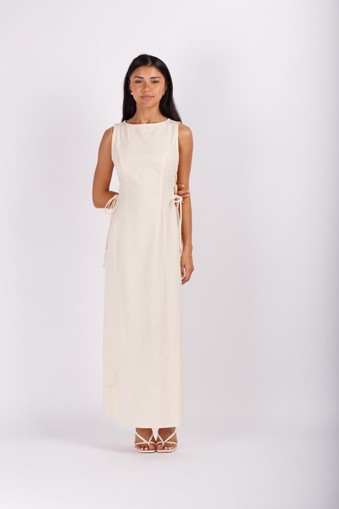 Side Tie Beige Linen Maxi Dress