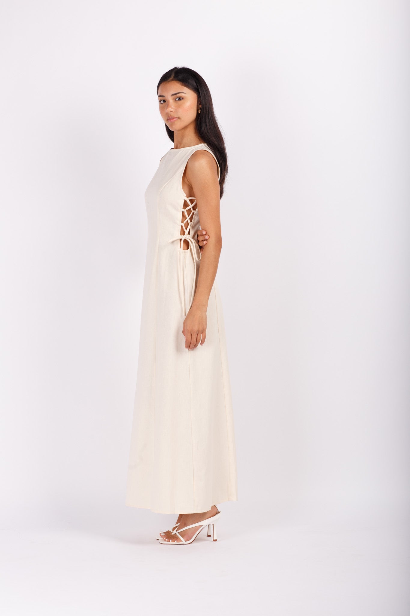 Side Tie Beige Linen Maxi Dress