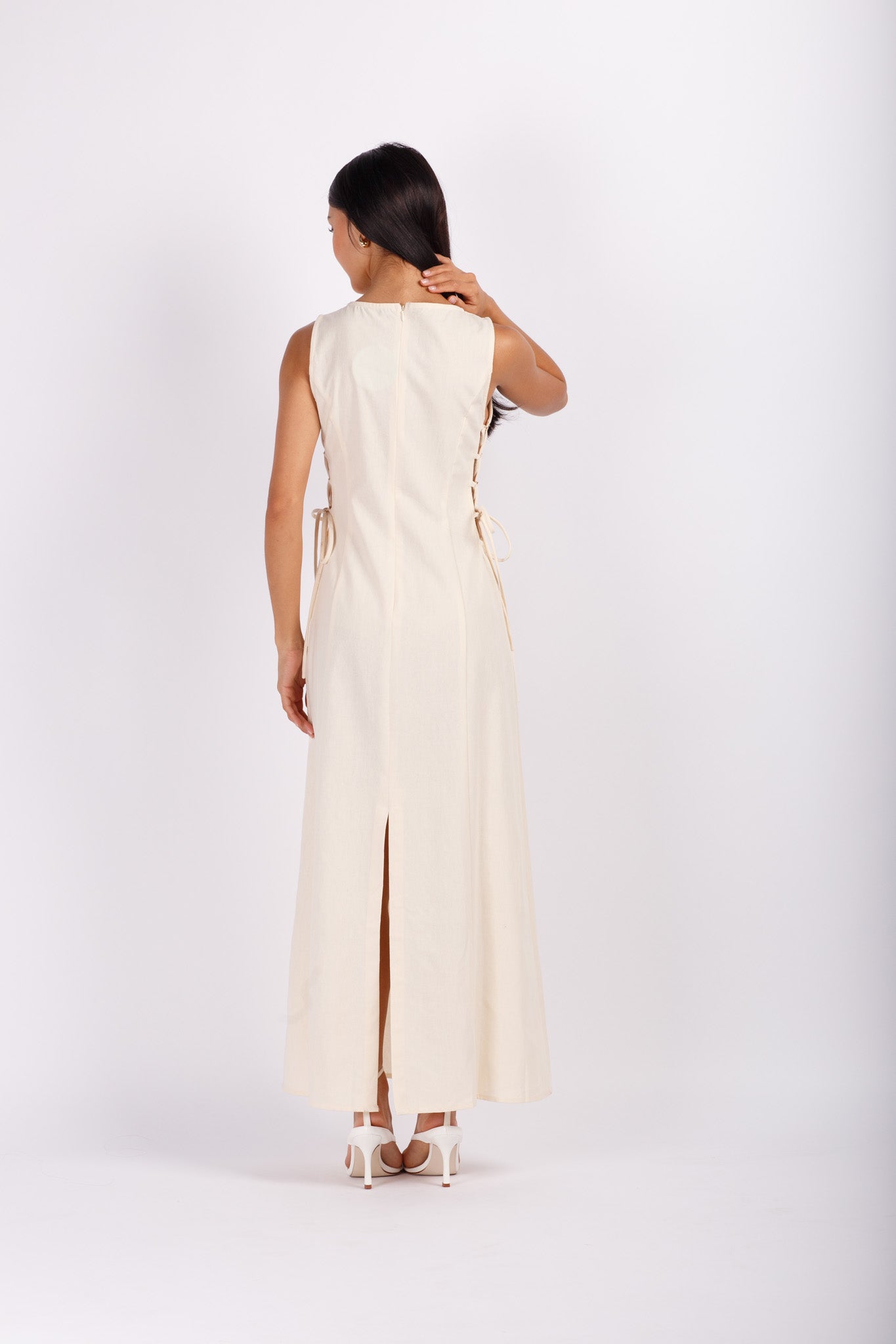 Side Tie Beige Linen Maxi Dress
