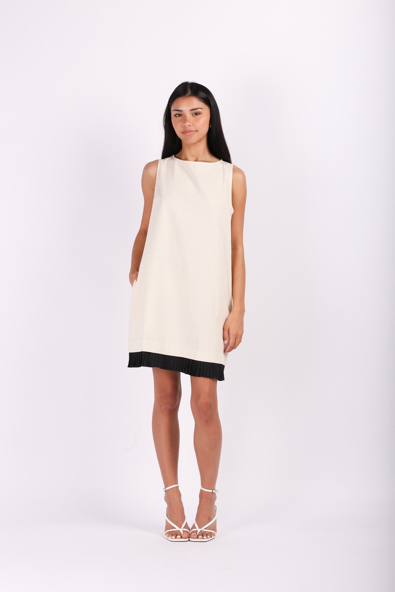 Linen Mini Dress with Pleat Trim