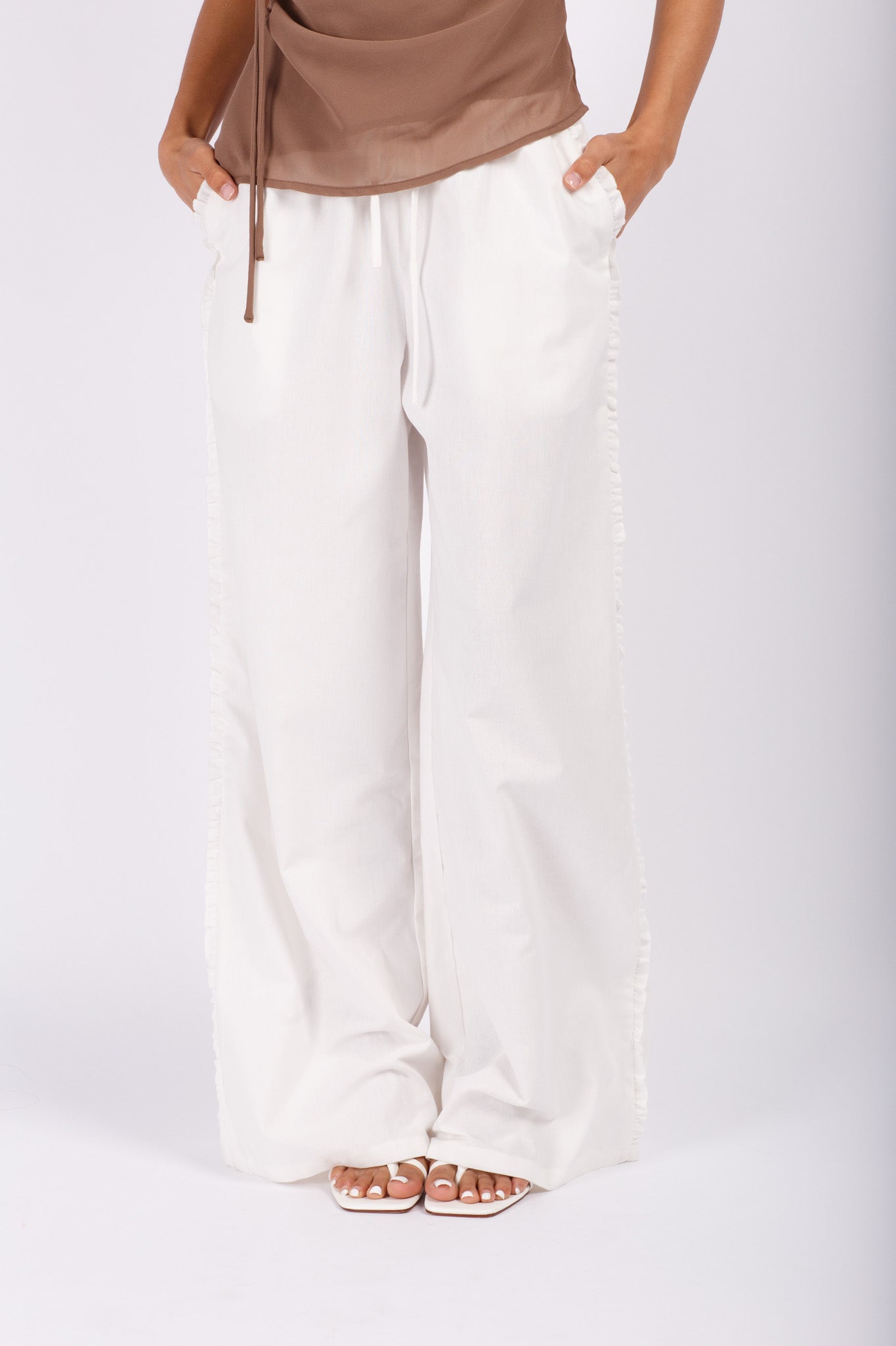 White Linen Pants with Side Frill