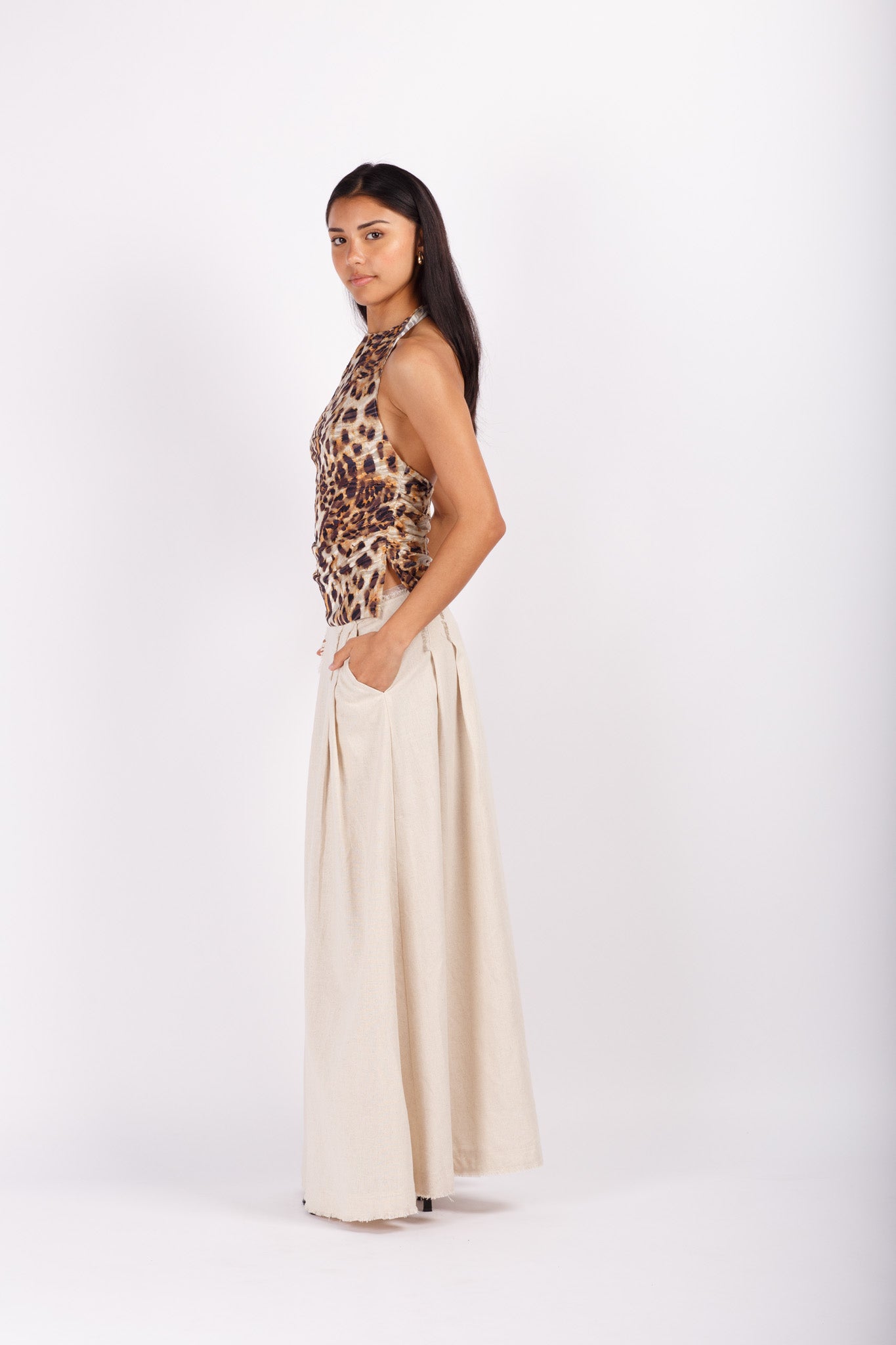 Beige Linen Fayed Trim Maxi Skirt