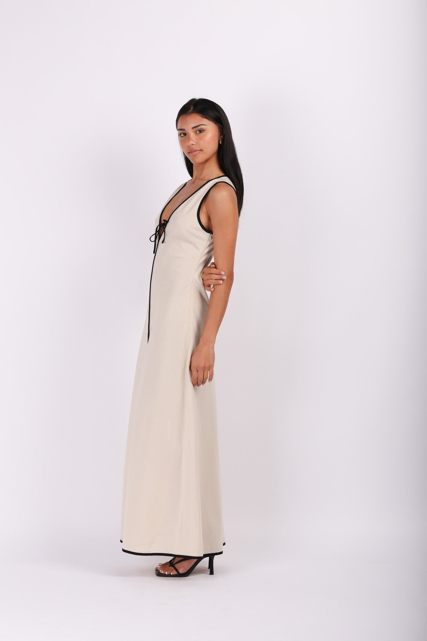 Beige Linen Maxi with Black Trim