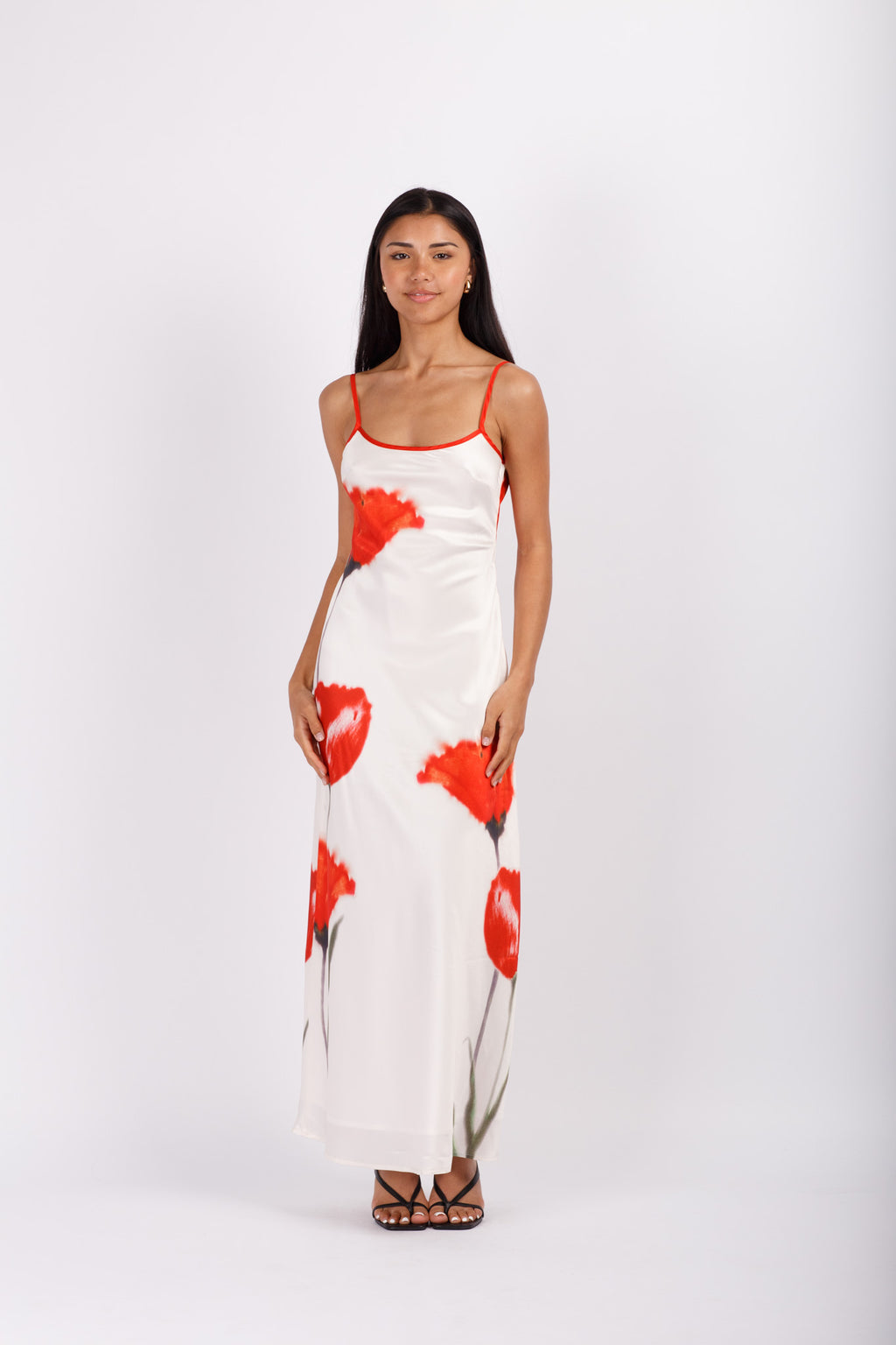 Red Floral Satin Maxi Dress