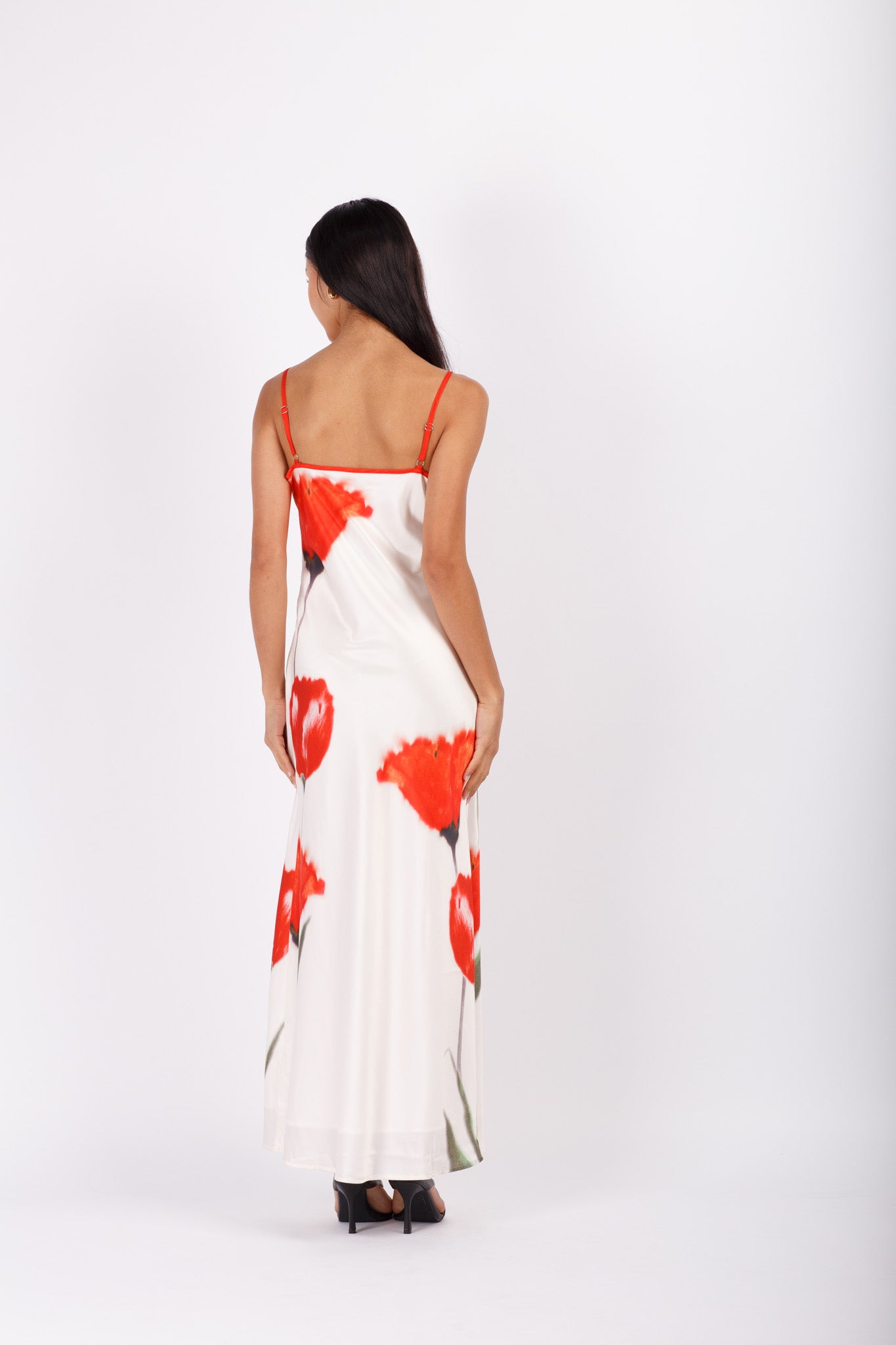 Red Floral Satin Maxi Dress