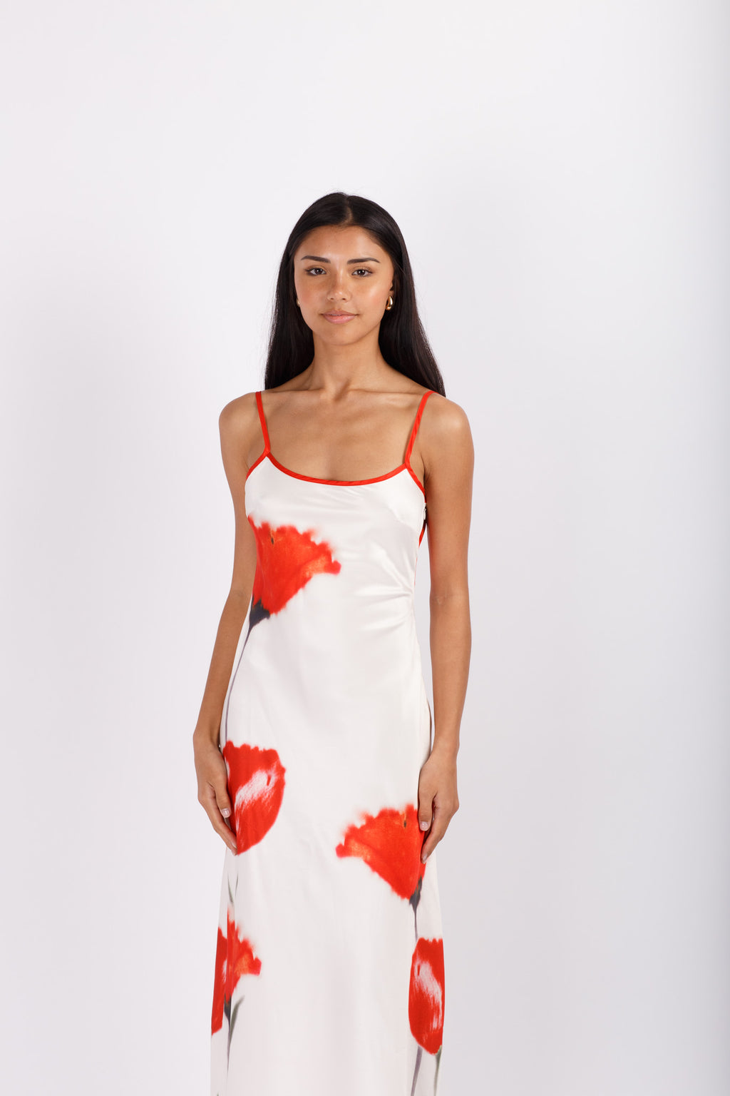 Red Floral Satin Maxi Dress