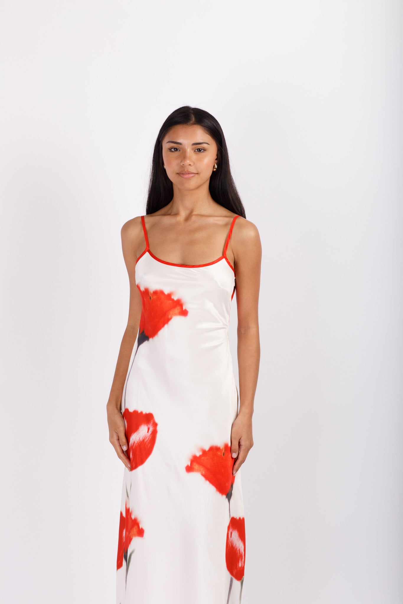 Red Floral Satin Maxi Dress