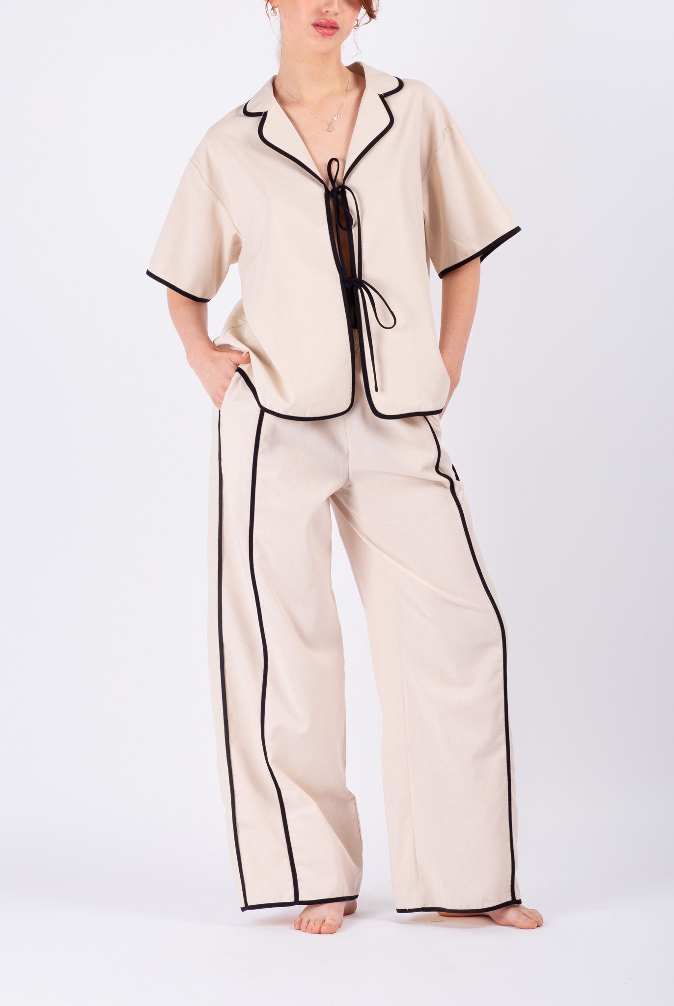 Beige Linen Set with Black Trim